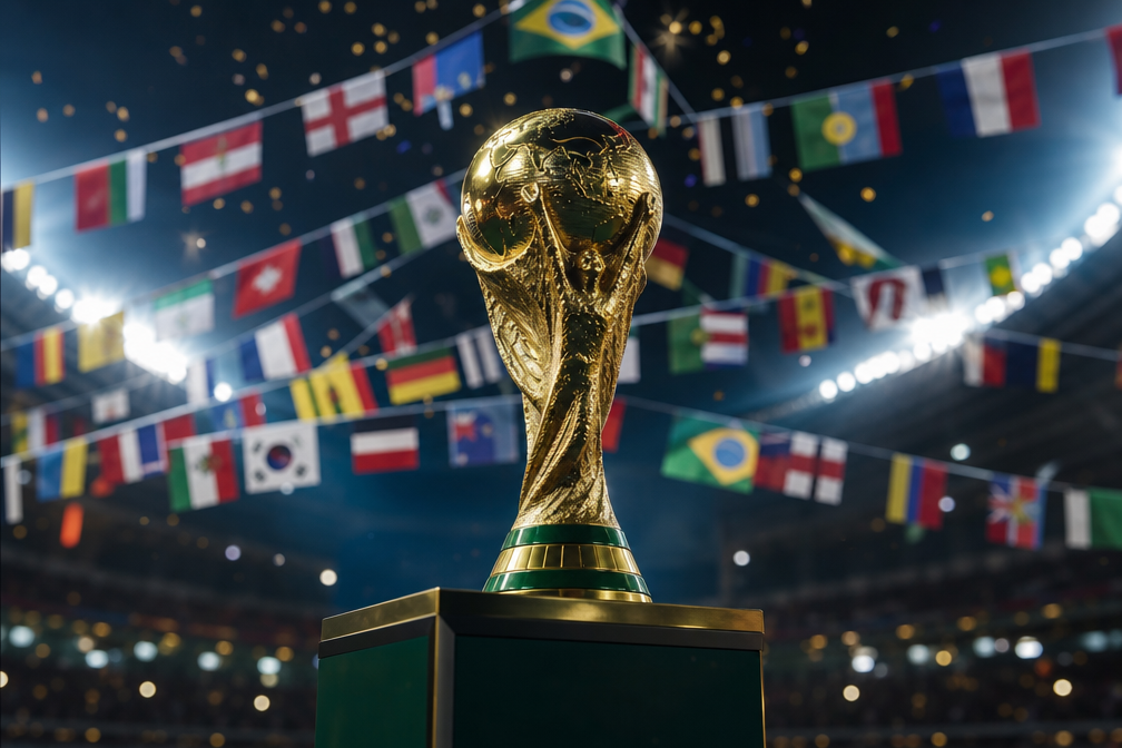 A golden football trophy surrounded by colourful national flag bunting