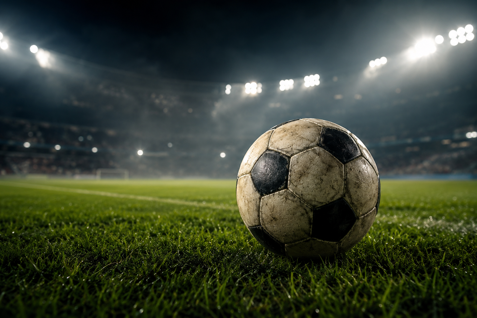 A weathered soccer ball on a floodlit green pitch at night