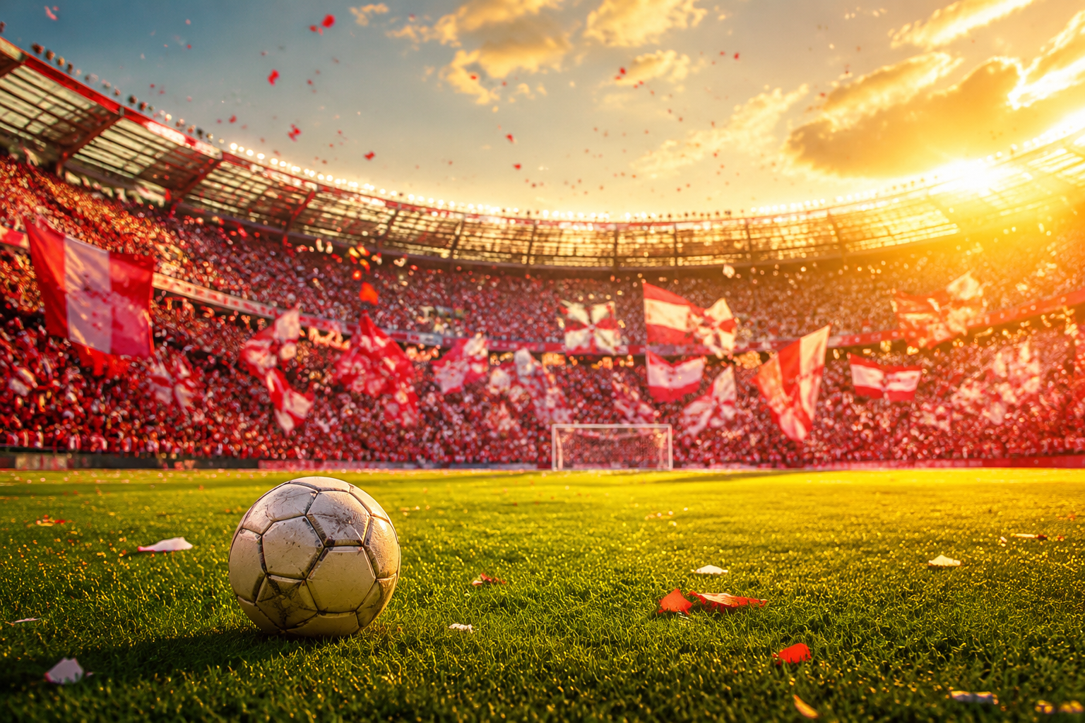 Football stadium filled with red and white fans and a ball on the pitch at golden hour