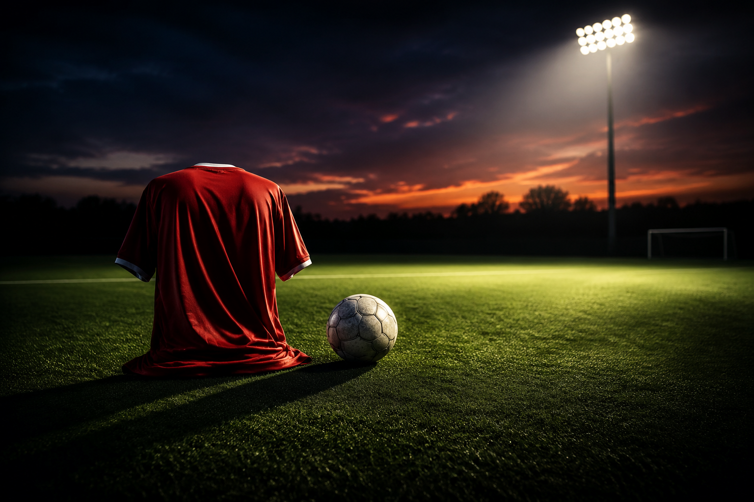 A red football jersey and a ball on a floodlit pitch at dusk
