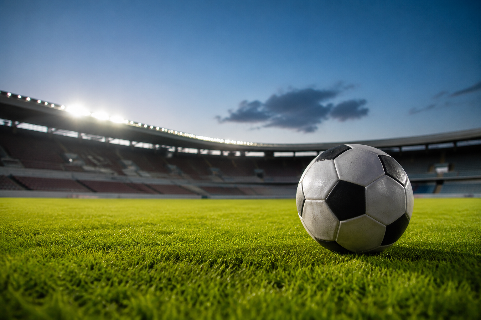 A soccer ball on bright green stadium grass under floodlights at dusk