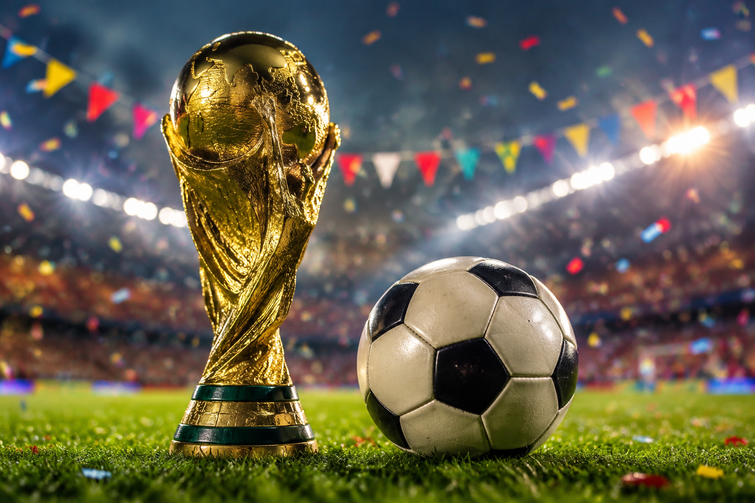 Golden football trophy beside a soccer ball on grass with colourful bunting and stadium lights
