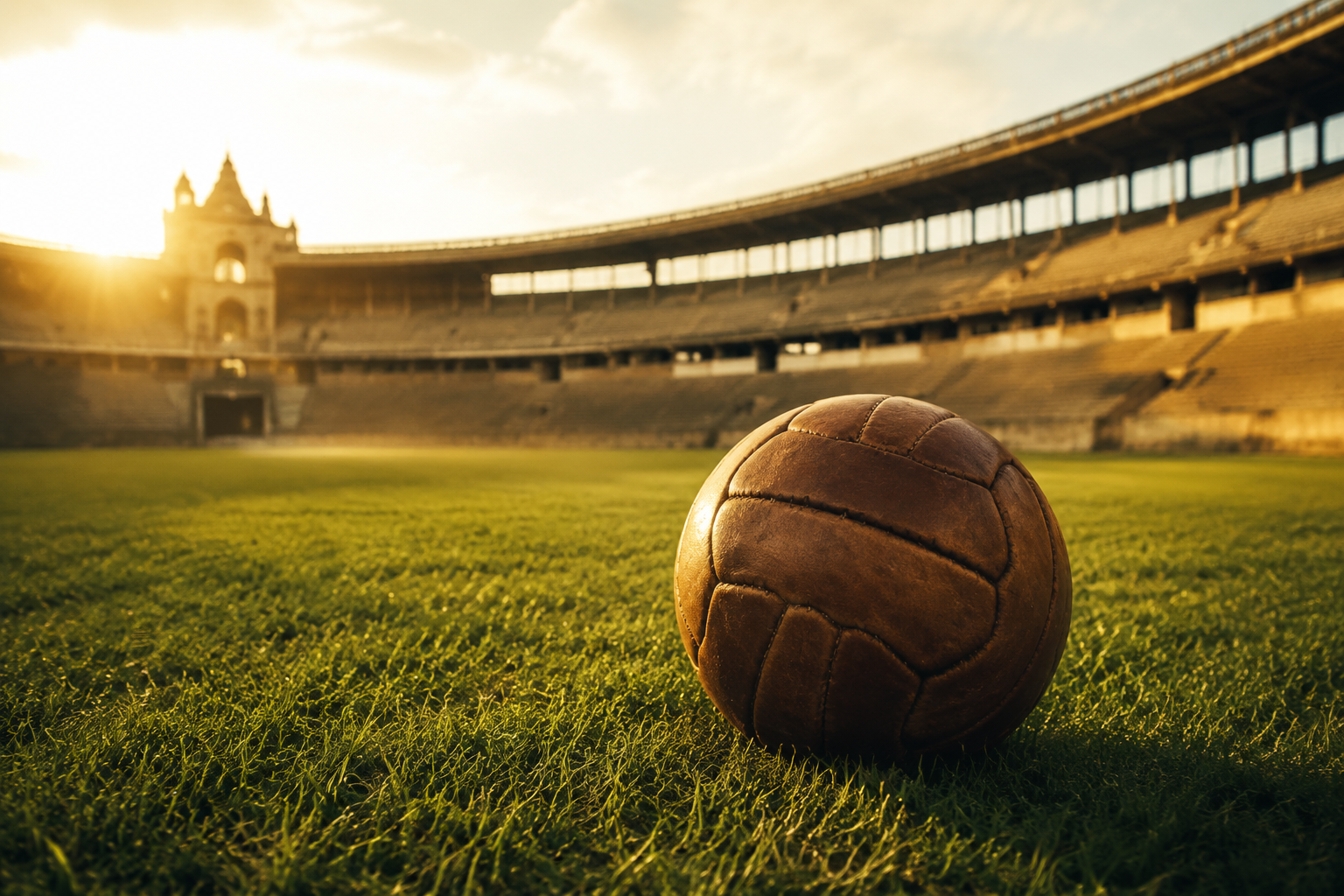 A vintage leather soccer ball on grass in a historic stadium at golden hour