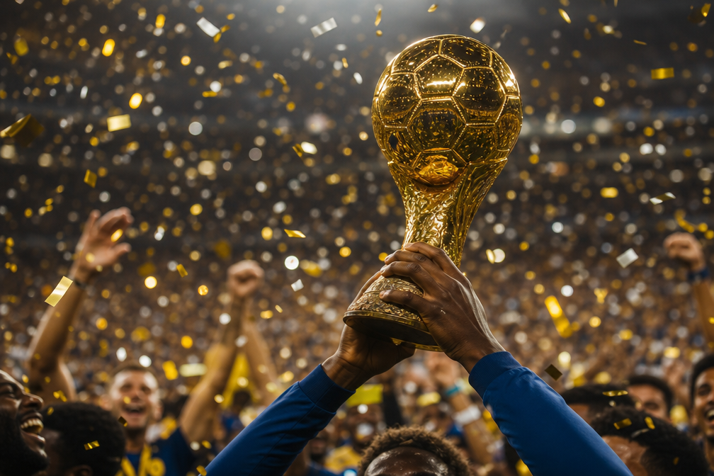 A golden football trophy held aloft amid confetti and a celebrating crowd